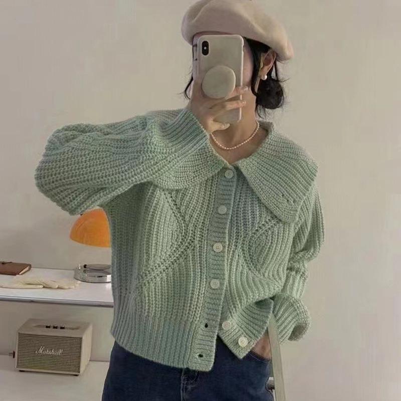 Fashion Elegant Doll Collar Knitted Cardigan Women Sweater Autumn/winter Casual Lapel Loose Coats Long Sleeved Jacket Sweet Simple Solid Top