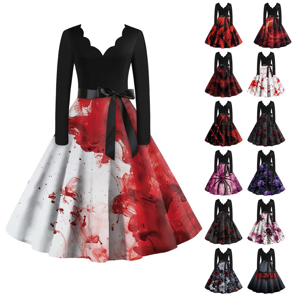 Women's Casual And Fashionable V-neck Long-sleeved Halloween Printed Dress