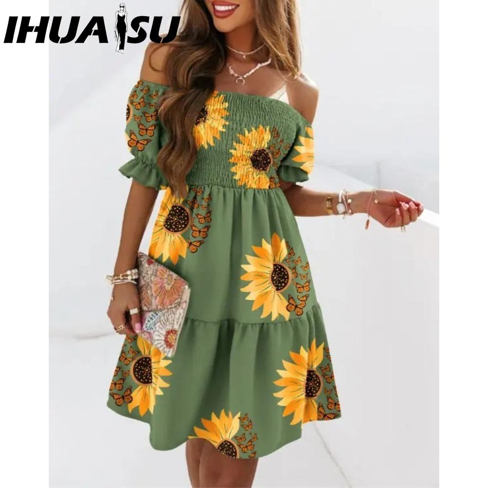 IHUASU Damen Sommer Mode Ein Schulter Kurzararm Farbverlauf Print Rüschen Mini Kleid
