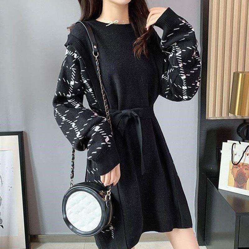 Dress for Woman Autumn Winter Cotton Plus Size Loose Casual Holiday Knitted Jumper Knee-length Long-sleeved Dresses