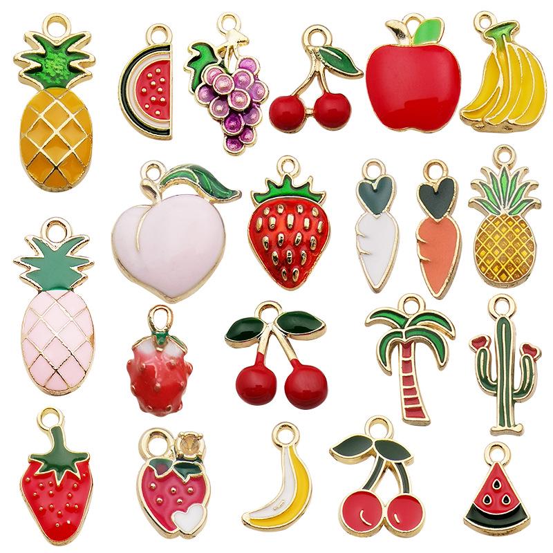 3D Fruit Drip Oil Alloy Pendants: Cherry, Watermelon, Grape Charms - Mixed 20K Gold