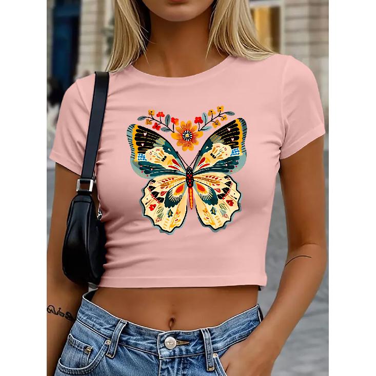 Women s round-neck short top T Shirt | Ethnic-style painted butterfly and floral combination print | High-waisted, cropped, tight-fitting, slim-fit S розовый