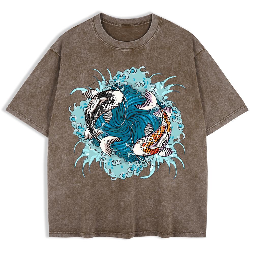 Japanese Koi Harajuku Printed Washed T-Shirts Mens Cotton Short Sleeve Tops Summer O-Neck Oversized T Shirts Clothes