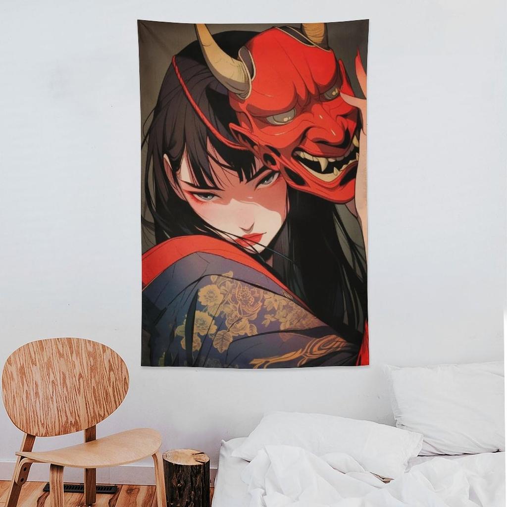 VIKAMA JapanStyle Prajna Mask Girl Tapestry Personality Trendy Cool Wind Bedroom Living Room Background Tapestry Home Decor