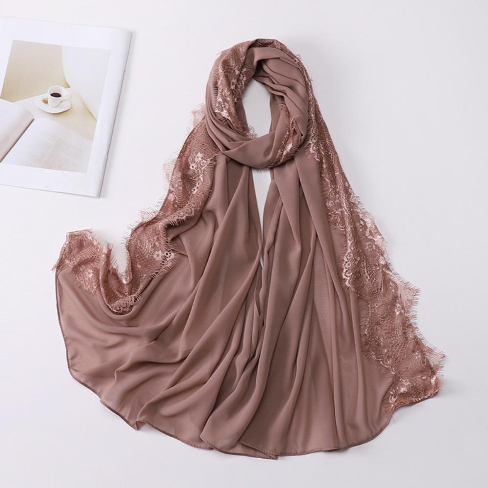 Lace Edge Silk Scarf Solid Color Ramadan Headscarf Versatile Sunscreen Shawl  Women Headwear
