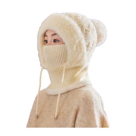 Knitting Hat Women Windproof Insulated Design Winter Hat with Plush Ball 3-in-1 Thickened Hat Face Guard Scarf