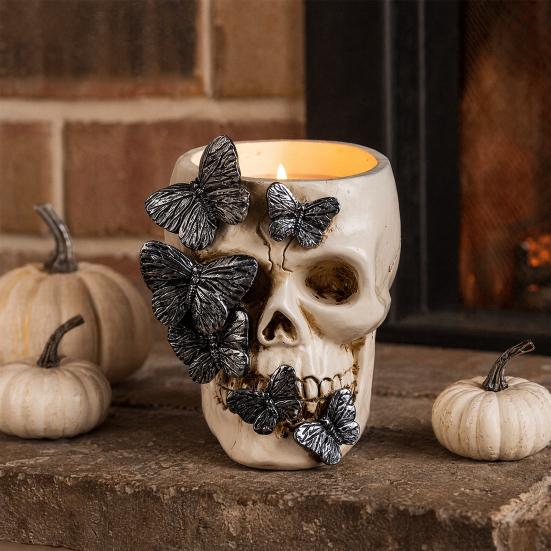 Realistisches Totenkopf-Dekor Gotischer Stifthalter, Gruselige Schmetterlings-Make-up-Pinsel Halloween-Themen-Schreibtisch-Organizer, Schreibtisch-Stiftebecher für Home Office