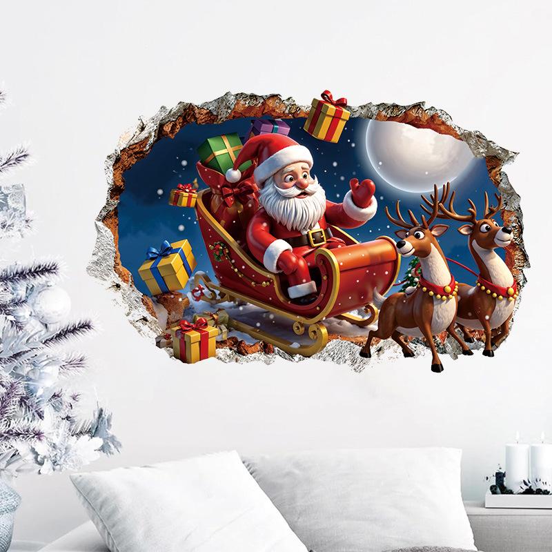 Christmas Broken Wall Home Living Room Wall Decoration Wall Sticker Self-adhesive Santa Claus Elk Holiday Wall Sticker