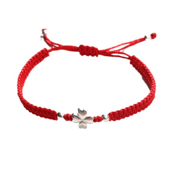 Unisex Lucky Four-Leaf Clover College Exam Red Rope Bracelet - Simple Woven Design for Couples and Best Friends.