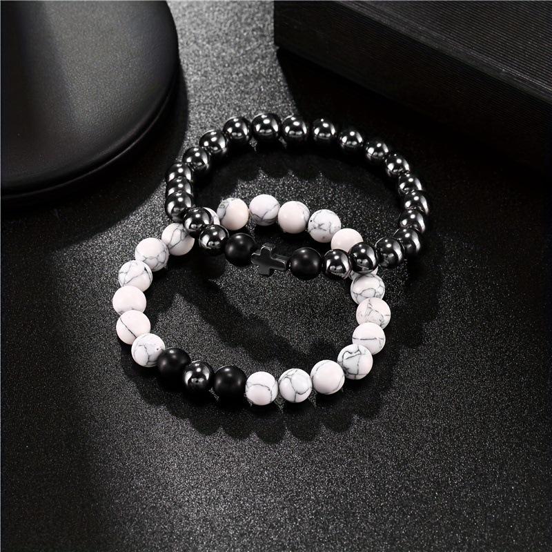 Temu Bestseller: White Turquoise & Black Agate Couple's Cross Bracelet Set