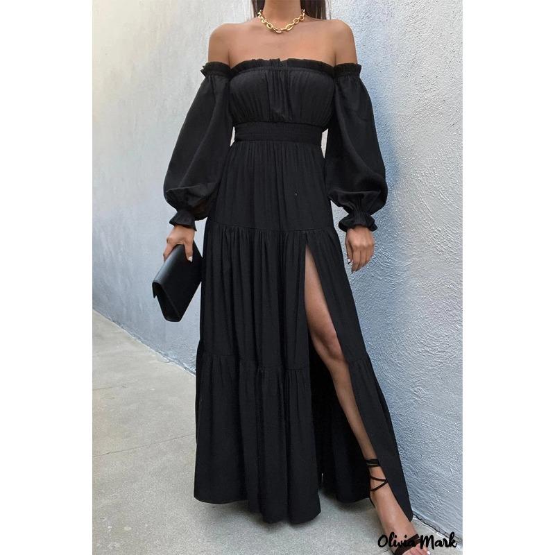 New Year's Eve One-word Collar Off-the-shoulder Ruffle Edge Long-sleeved High-split Dress