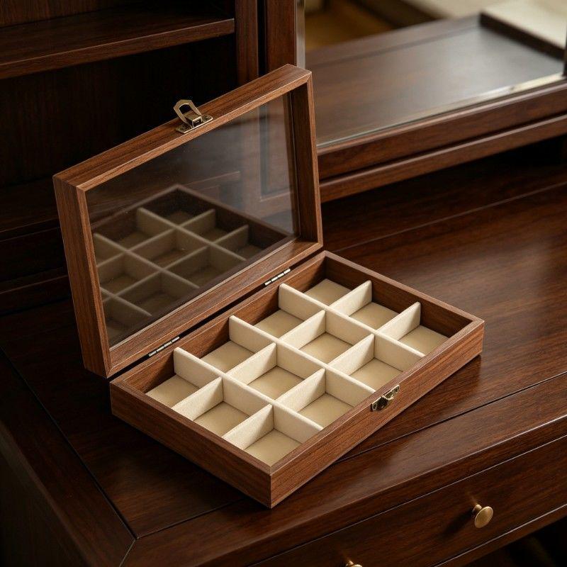 Premium Single-Layer Transparent Jewelry Storage Box - Walnut Color, Large Capacity for Rings, Earrings, and Necklaces, Dustproof Display Tray