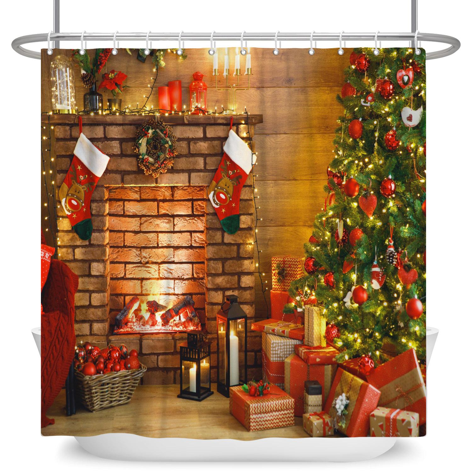 

2025 С Рождеством Христовым Занавески для душа Зимний Снеговик Пряничный домик Рождественские елки Камин Водонепроницаемая ширма для ванны с крючками 90x180cm
