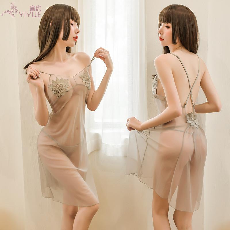 Yiyue's new erotic lingerie, halter long dress, see-through pajamas, women's water-soluble floral sexy sleeping dress, seductive set 8086
