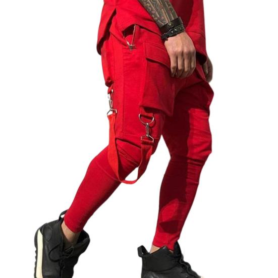 Elastic Waistline Strap Tassel Multi Pockets Cargo Pants Male Solid Color Mid-rise