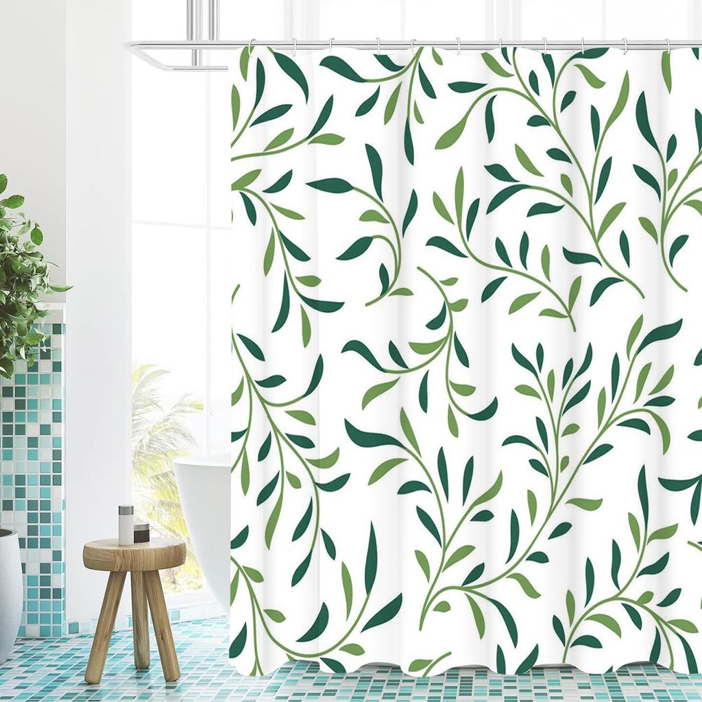 Green Plant Leave Pattern Bathing Curtain  Bathroom Shower Curtain Waterproof With 12 Hooks Home Deco Free Ship