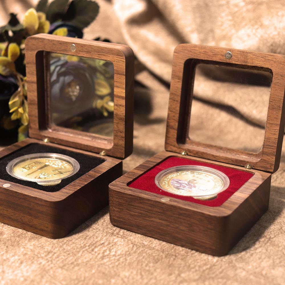 Customizable Handmade Square Wooden Commemorative Coin Storage Gift Box Transparent Window for Medal Silver Coins Made