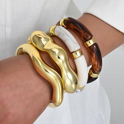 4Pcs Irregular Wave Bamboo Bracelet Set For Women Trendy Chunky Gold Color CCB Resin Curved Bangles Party Daily Wear Jewelry New