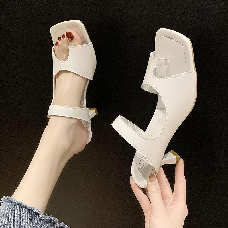 Fhanchu Women High Heeled Sandals ,Fashion Summer Shoes ,Flip Flop ,Square Toe ,Black ,White ,Yellow ,Dropship