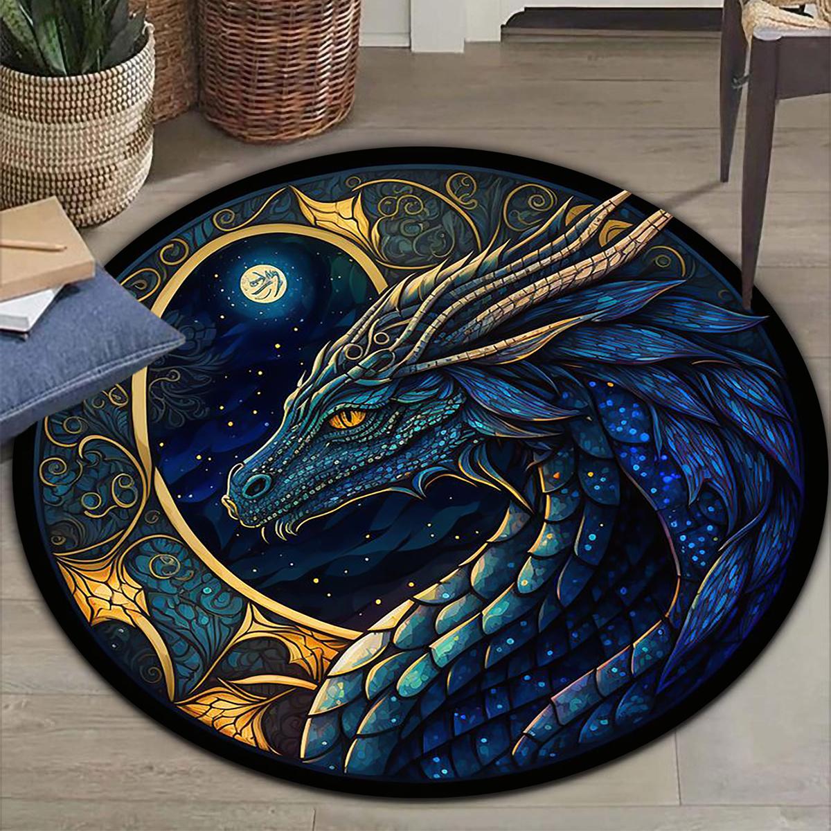 

Vintage Dragon Pattern Area Rug , Non-Slip Stain Resistant Floor Mat for Living Room Bedroom , Machine Washable Home Decor Diameter 60cm