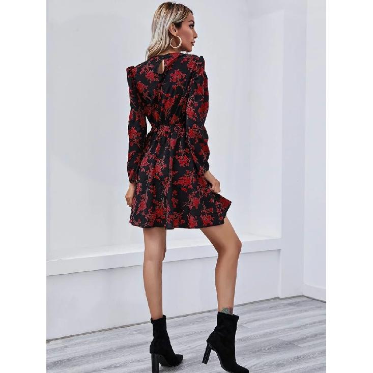 Elegant Women Floral Dress Autumn Long Sleeve High Waist Slim Dresses Female Office Commuter Comfortable Wear Daily Casual Gown