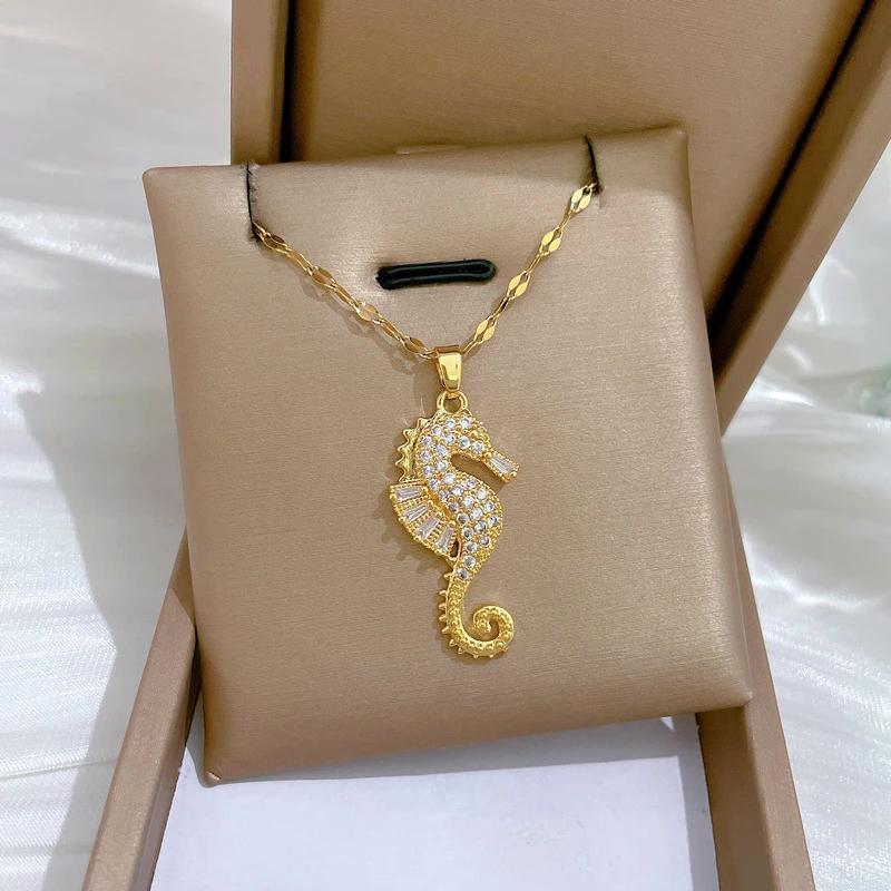Fashion Zircon Hippocampu Seahorse Pendant Necklaces for Women Men Hip Hop Stainless Steel Chain Jewelry Gifts for Lover Friends