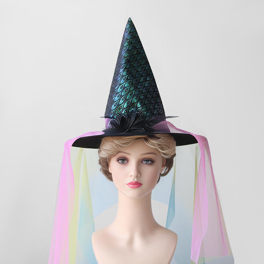 Halloween Witch Hat with Mesh, Rose, Feather, Pumpkin, and Star Design