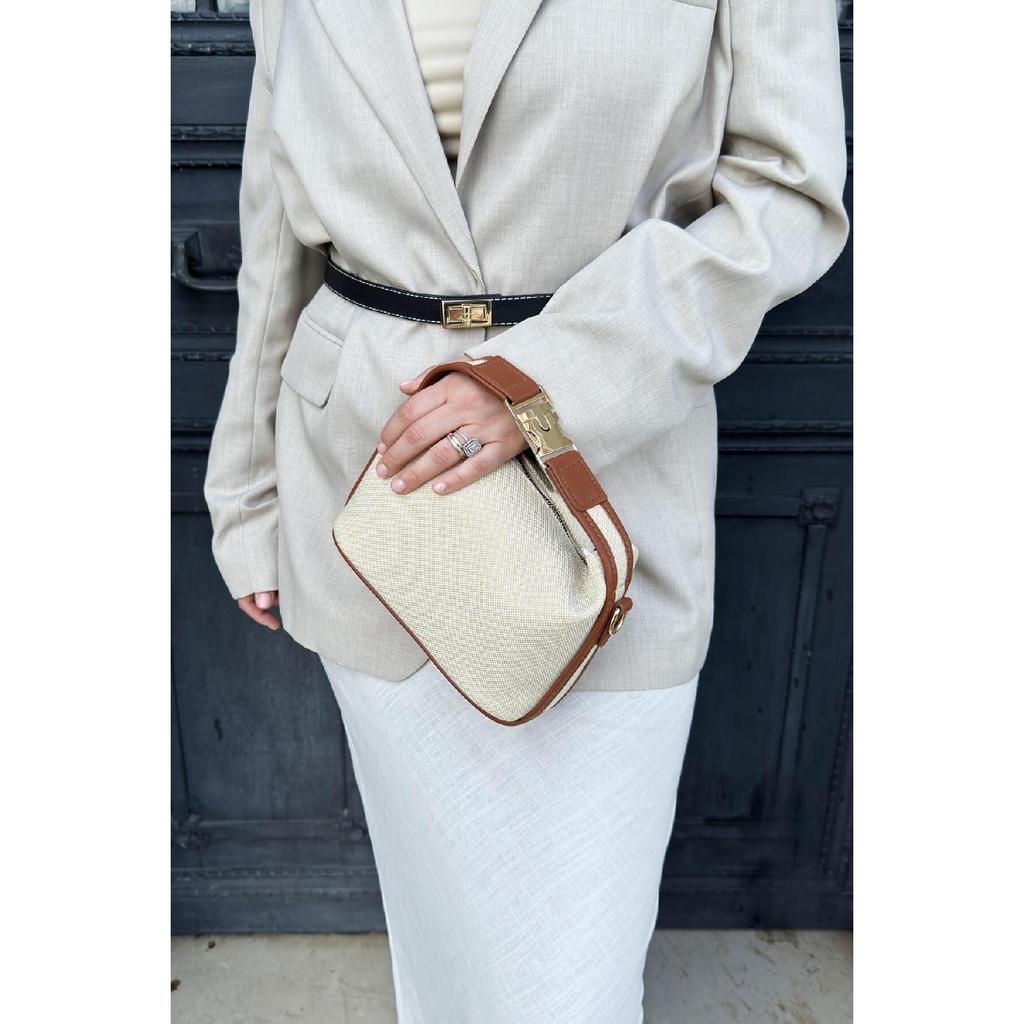 Linen Medium Size Women's Hand And Shoulder Bag Santorini Brown With Gold Lock Accessories