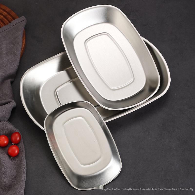 Korean Style Stainless Steel Rectangular Dinner Plate for Fish, Cold Dishes, Rice Noodles, BBQ, Vegetables, and Hot Pot Preparation.