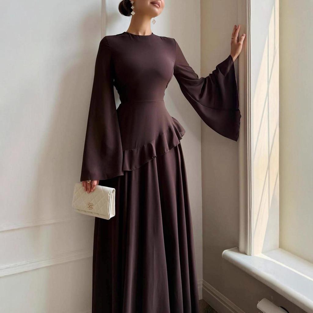 2025 Autumn High-Waist Satin Evening Dress - Round Neck, Long Sleeve, Elegant Maxi