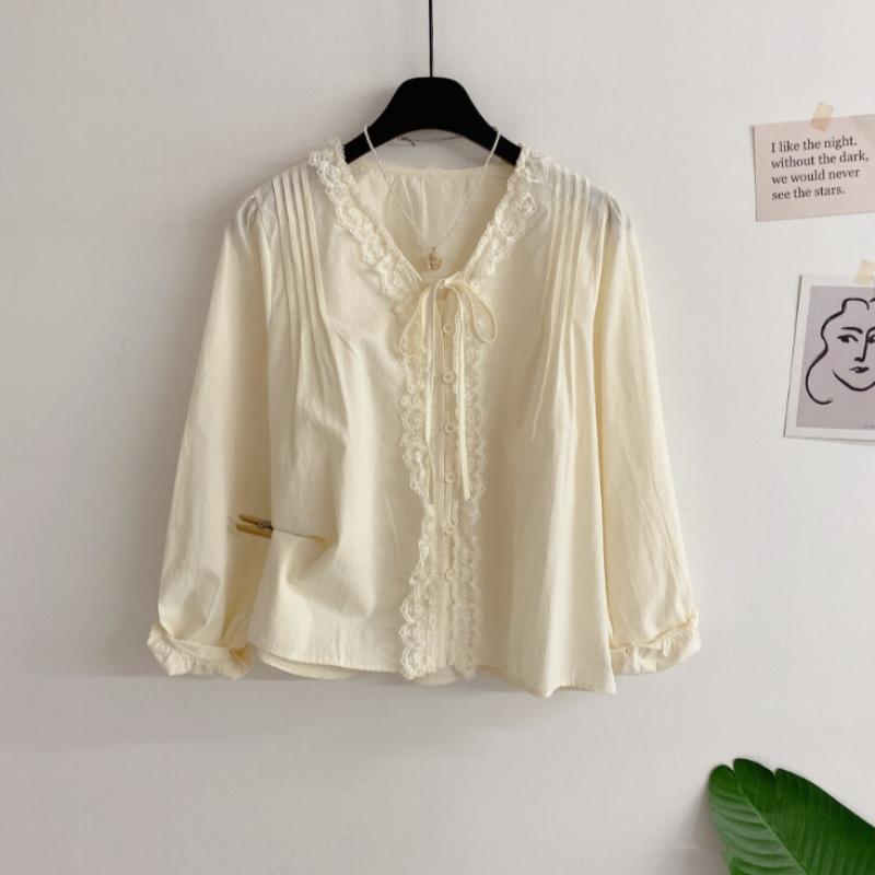Honey J V Neck Ribbon Shirring Pintuck Lace Blouse 3color