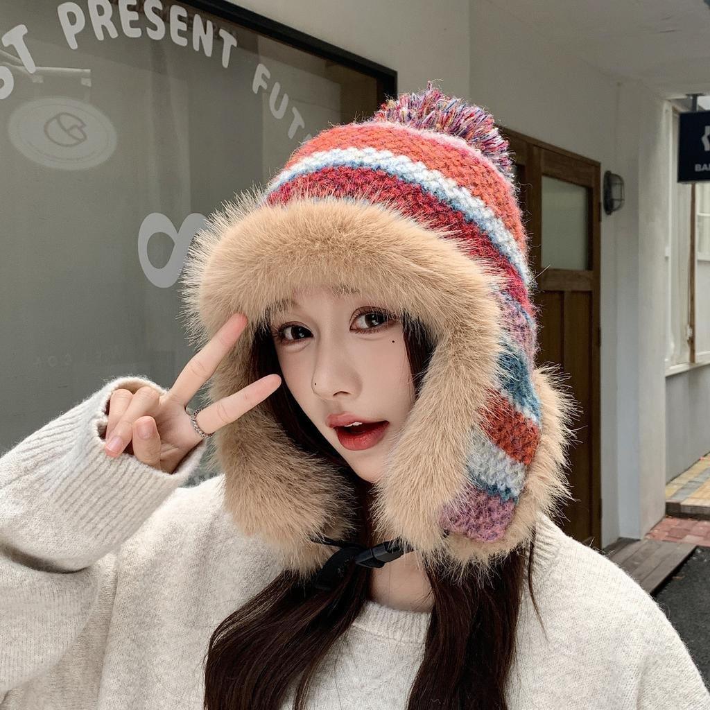 Striped Knitted Lei Feng Hat Women's Winter Thickened Warm Ear Protection Hat Cycling Windproof Plush Hat