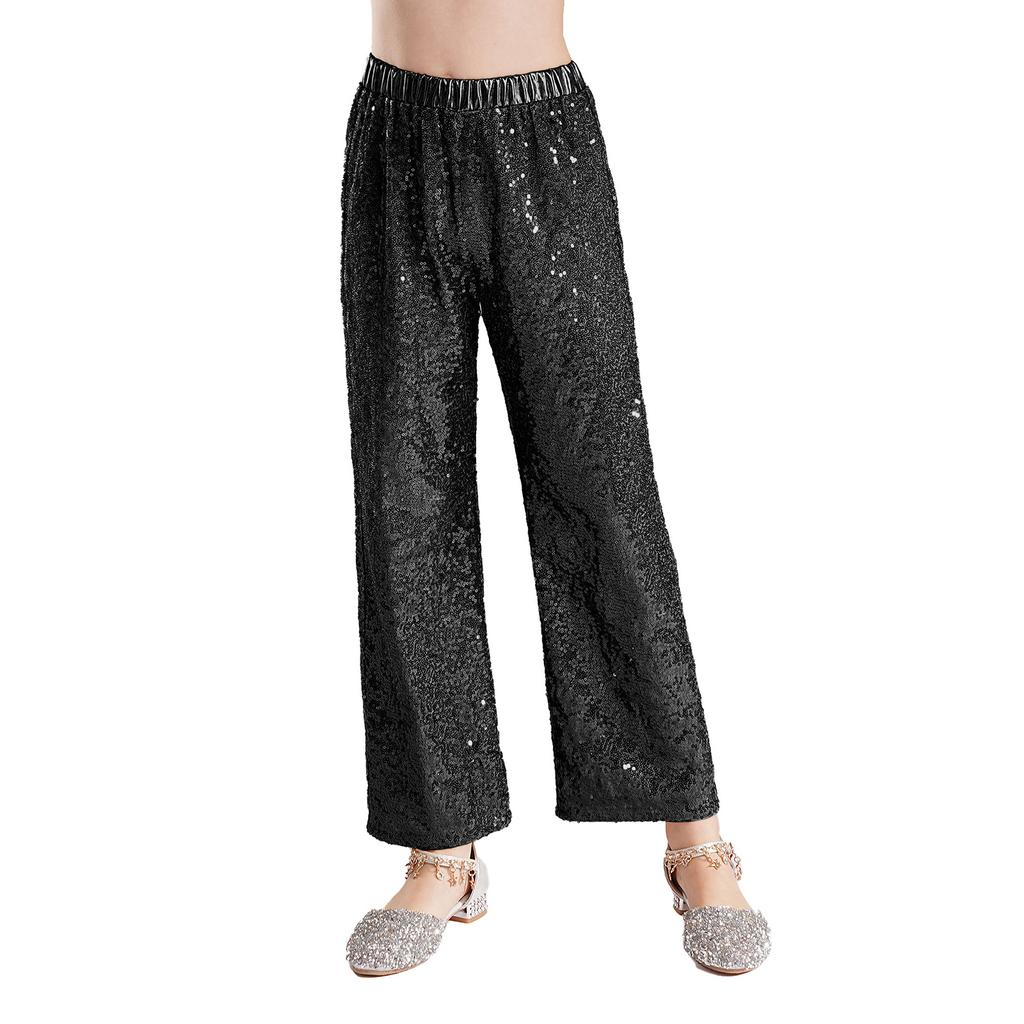 Kids Jazz Dance Costume Sleeveless Mock Neck Metallic Top and High Waist Sparkle Sequin Pants for Stage Competition