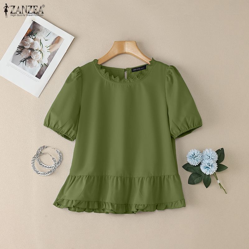 ZANZEA Lässige Bluse mit Rundhalsausschnitt und kurzen Ärmeln für Damen