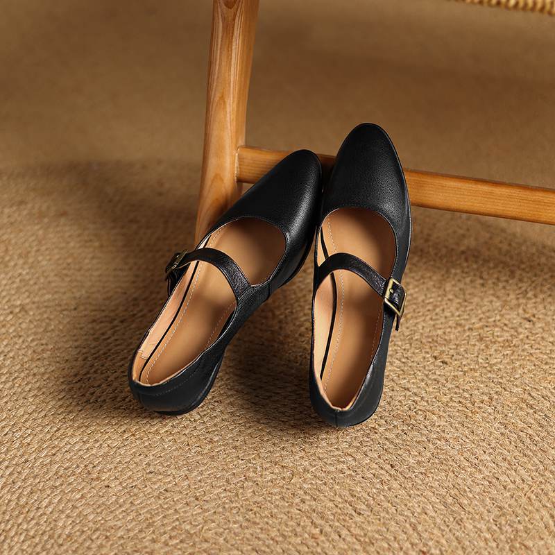 Krazing Pot Sheepskin Autumn Winter Shoes Buckle Straps Low Heels Mary Janes Size 40 Round Toe Brown Color Pumps