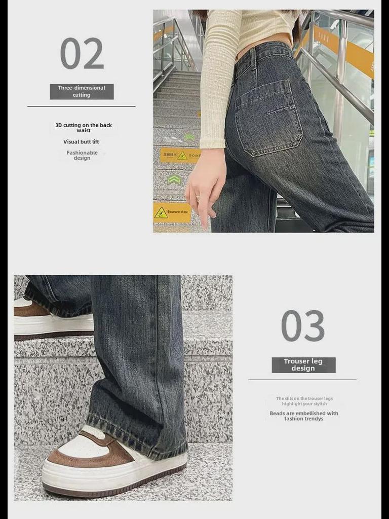 Women's Cement Gray High Waist Slim Straight Jeans - Nostalgic American Style, Wide Leg.