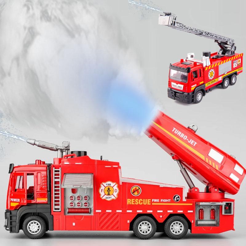 Model Car Vehicle 1:32 Spray Fire Truck Water Spray Ladder Trucks Toy Sound Light Pull Back Doors Opened Collection Boys Gift