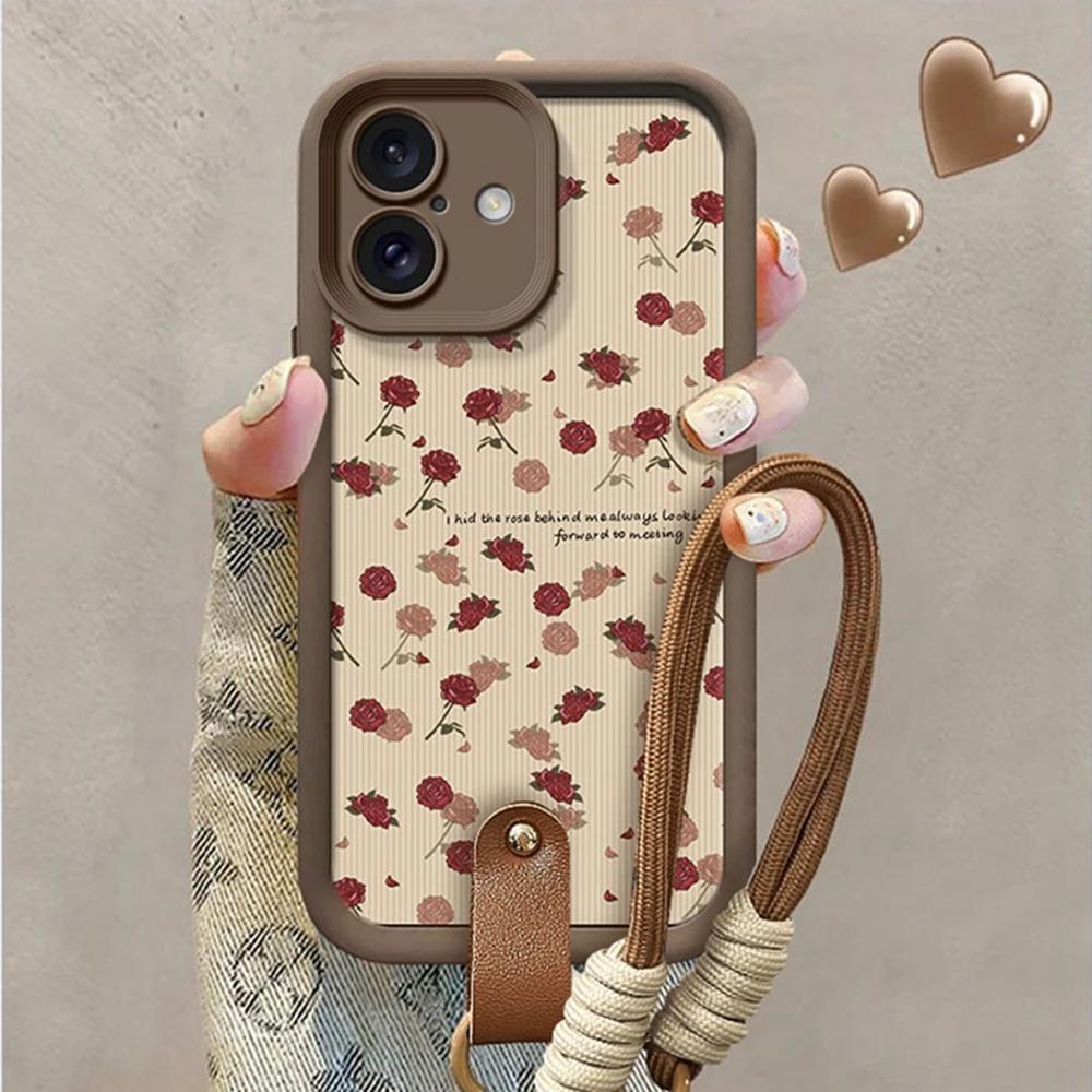 Luxury Rose Flower Strap 16 Phone Cases for iPhone 13 11 14 15 Plus 12 16 Pro Max X XR XS 15pro MAX Case Silicone Lanyard Cover
