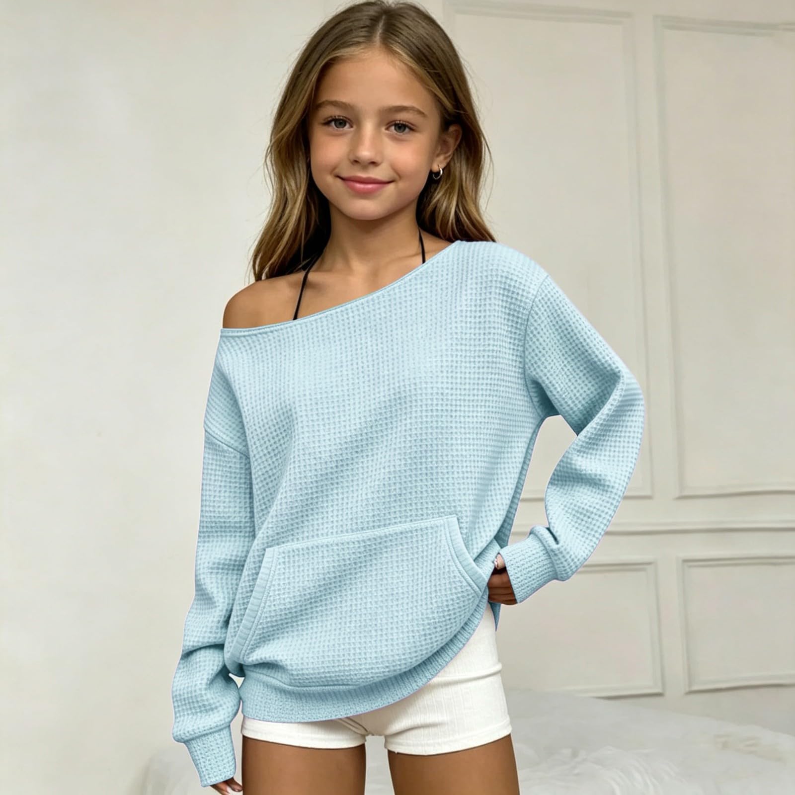 Asymmetrisches Strick-Pullover-Sweatshirt-Oberteil für Mädchen, schulterfrei, für Freizeitkleidung 160 hellblaue