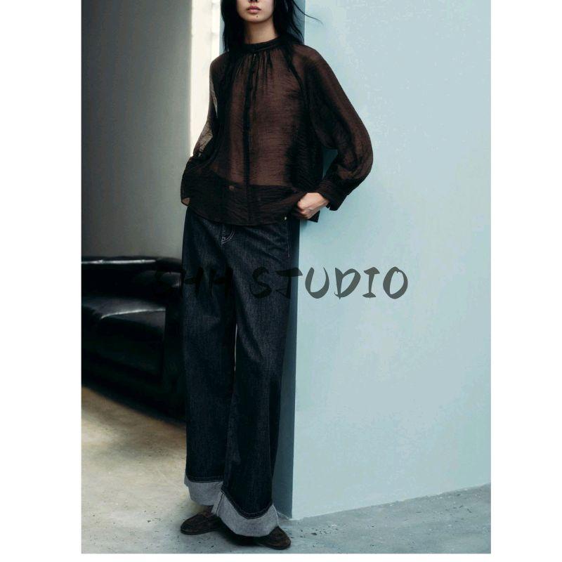 Fall New Women's Clothing French Five-Pocket Design Loose High Waist Straight-leg Flanging Denim 6147184