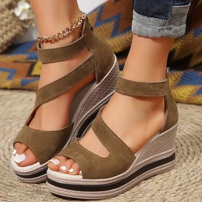 Stylish Womens Wedge Sandals - Back Zipper, Hollow Out, Comfortable, PU Sole, Strappy Back, Open Toe, Flannel Upper