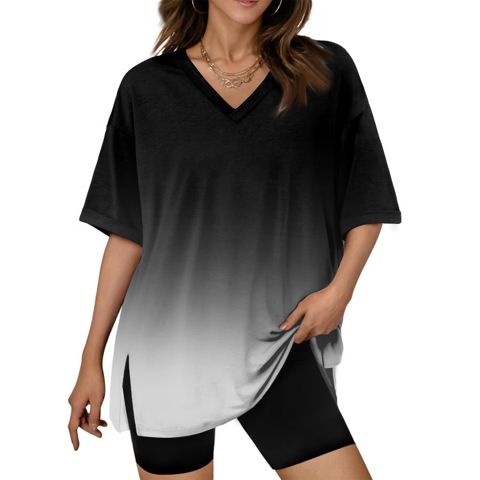 Women s Summer Casual Tops  Print Large Size T-shirts V-neck Short-sleeved Shirts Casual Loose Tops XXL чёрный