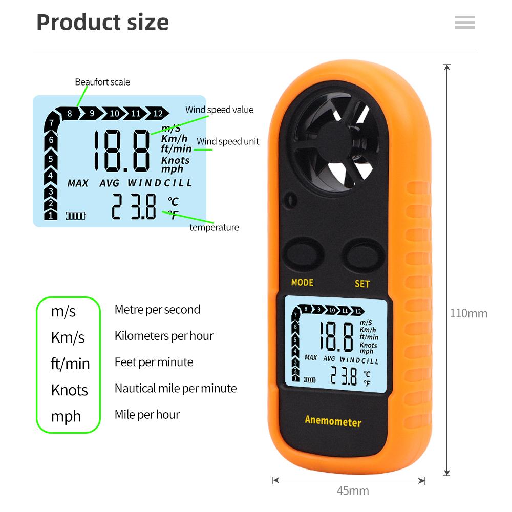 LCD Digital Anemometer Mini Pocket Wind Speed Tester 0-30m/s Air Velocity Airflow -10°C ~ 45°C Temperature Meter with Backlight