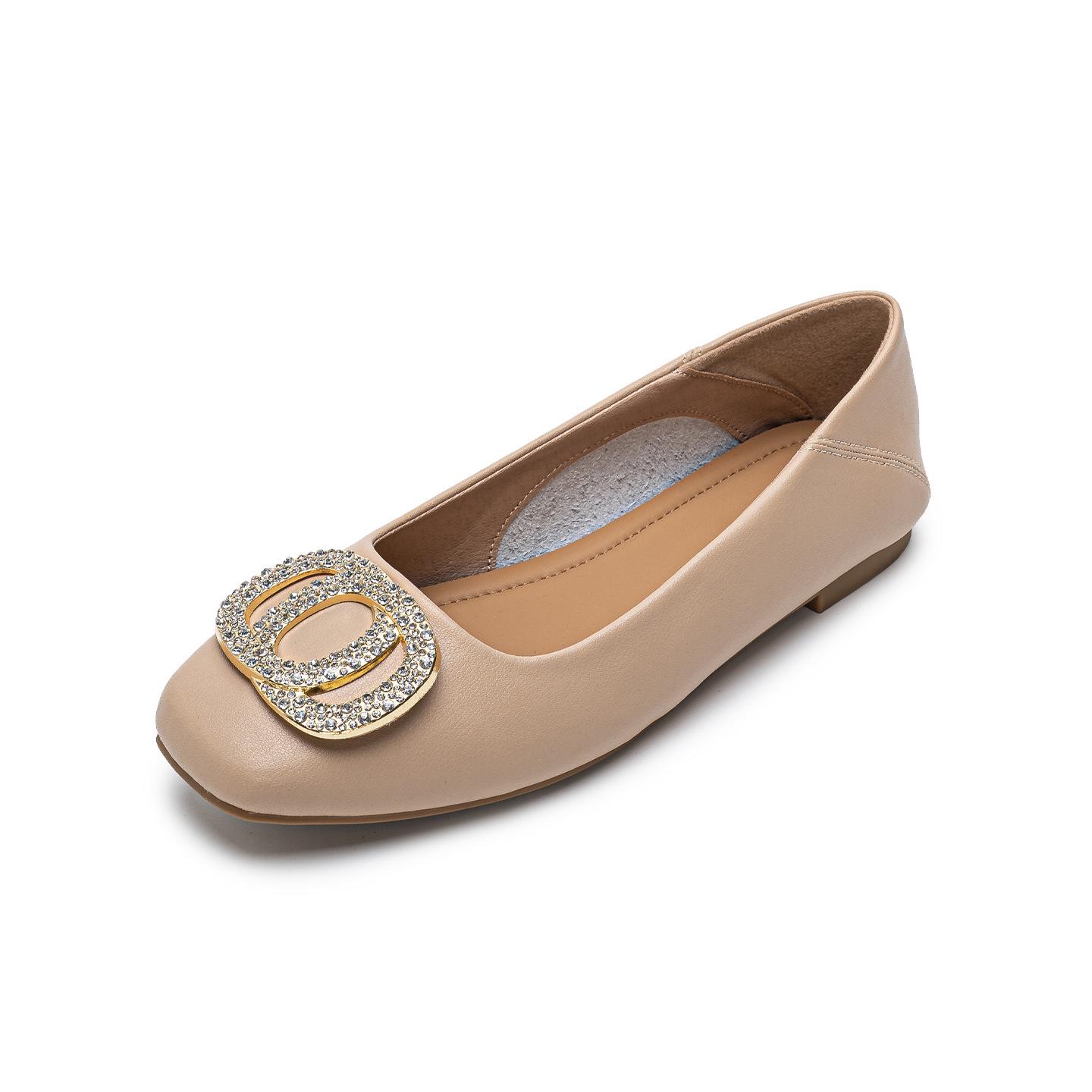 Women s 2025 Spring/Summer French Style Flat-Sole Square-Toe Leather Loafers with Rhinestone Buckle 40 хаки