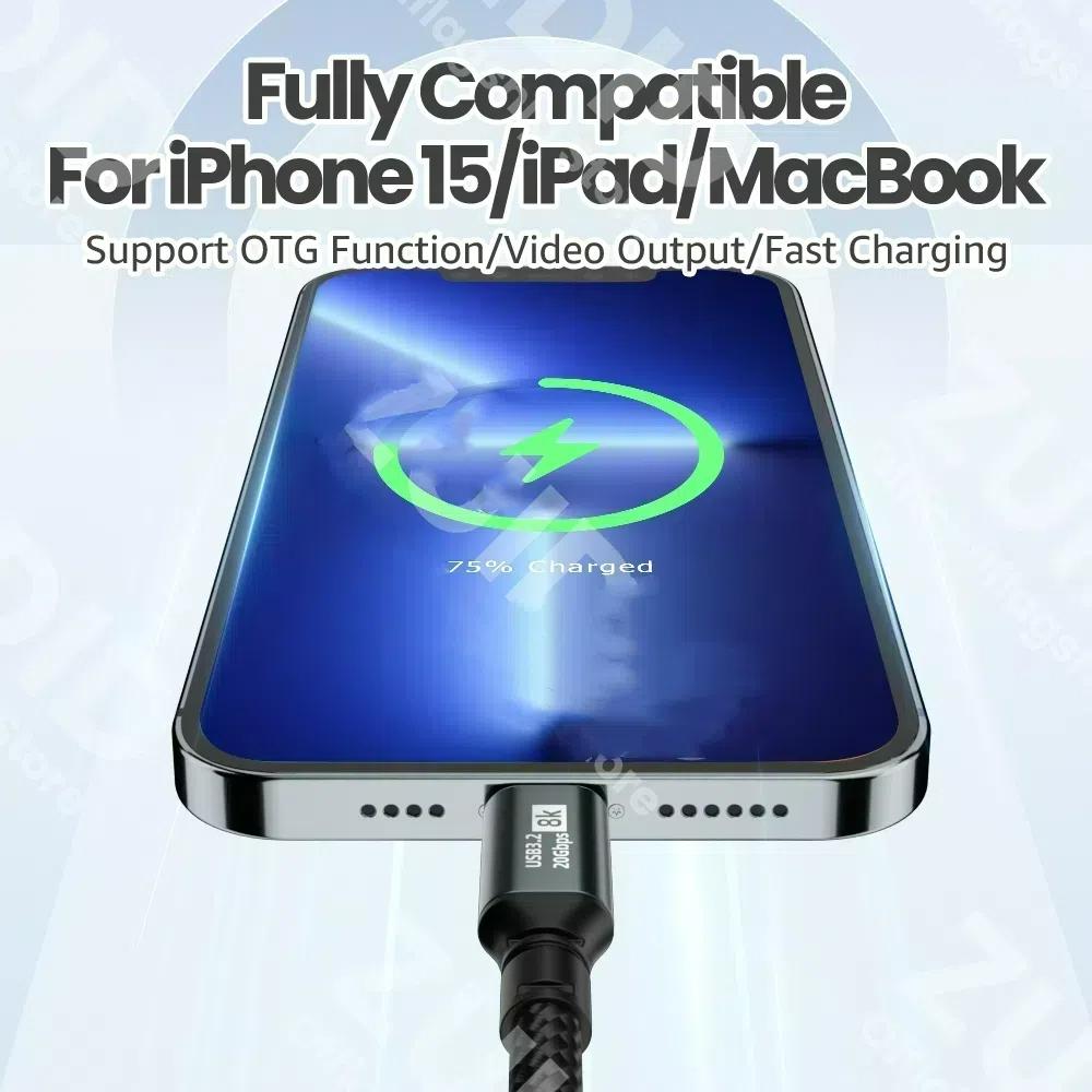 כבל USB 3.2 20Gbps ThunderBolt 3 Type C ל-Type C PD100W 8K@60Hz כבל USB-C לאייפון 15 פרו מקס מקבוק סמסונג 2/3 מטר