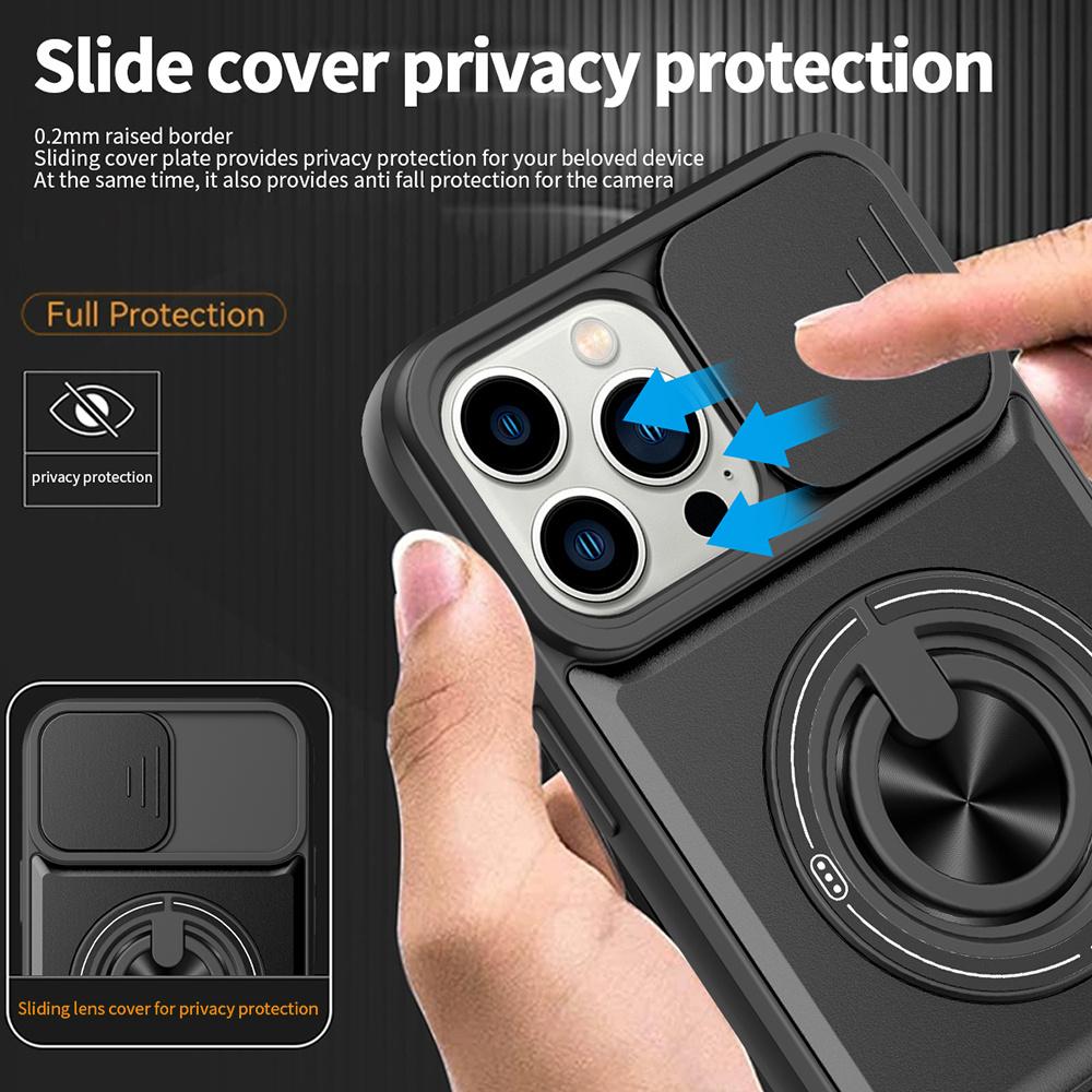 For iPhone 13 Pro Case Compatible with MagSafe Ring Holder Foldable Kickstand TPU PC Phone Cover with Camera Lens Slider