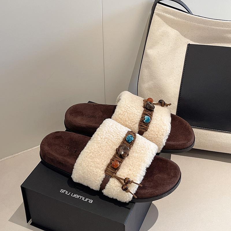 

[Uncle Shoes] 2025 Internet celebrity fashion fluffy slippers women wear autumn and winter cotton slippers niche new casual 35 бежевый