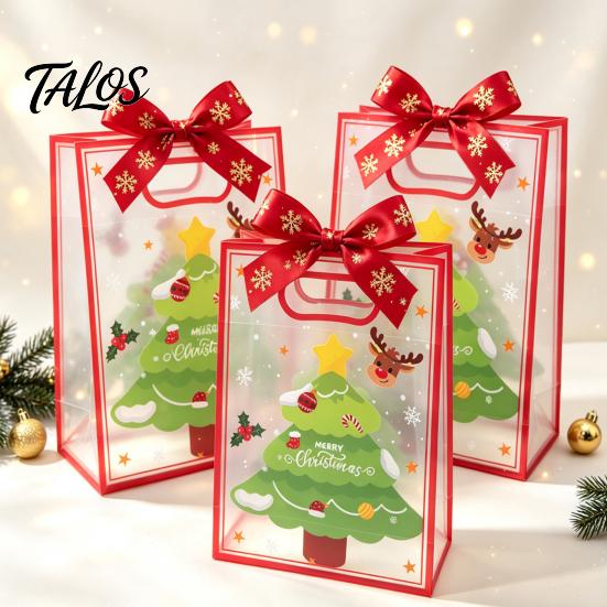 Small Gift Sacks for Christmas Bags with Handles, Reusable Clear PP Treat Dessert Packaging Candy Apples Cookies, Holiday Party Favor Ribbon Bow Eve