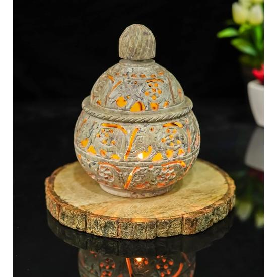 Crocon Soapstone Tealight Candle Holder with Elephant Motif – Decorative Lantern for Home, Office, and Living Room – 4x4 Inch with Lid