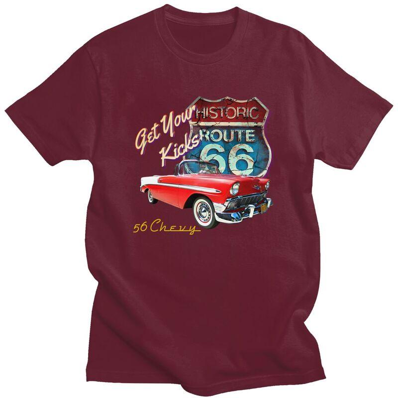 Custom Classic Car Route 66 T Shirt for Men 100 Cotton Tshirt Casual Tees Short Sleeve Tshirts Loose Fit Clothing Gift